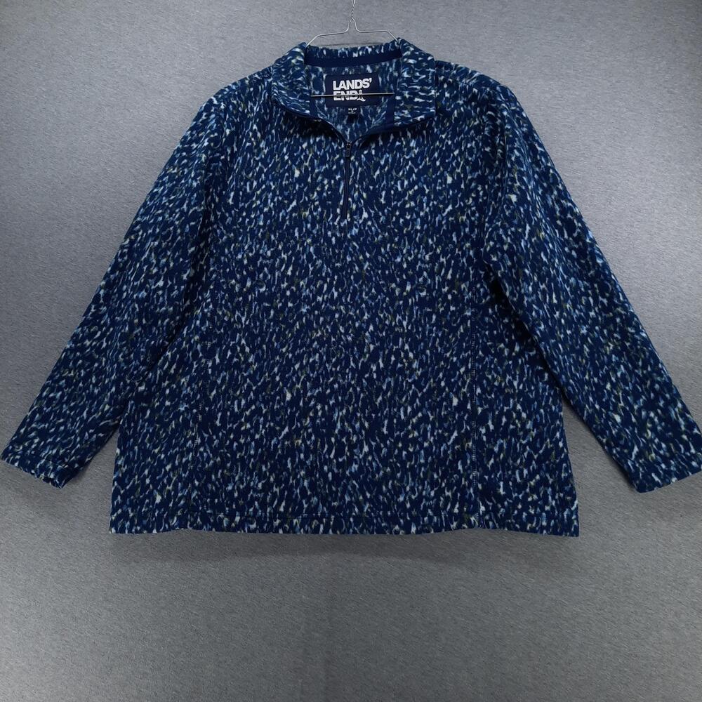 Lands' End Jacket Womens XL Petite 18P Blue Fleece Full Zip Collared Geometric